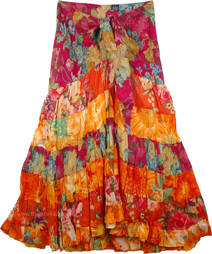 Stylized Tiered Cotton Skirt in Orange Bloom
