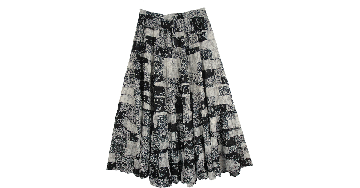 Monochromatic Patchwork Tiered Maxi Skirt | Black | Patchwork, Tiered ...