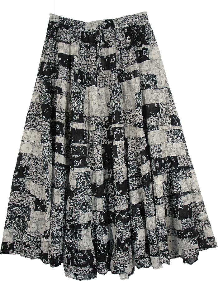 Chessboard Maxi Indian Skirt, Monochromatic Patchwork Tiered Maxi Skirt