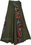 Summer Wrap Skirt in Dark Olive Shade with Embroidered Patches [5014]