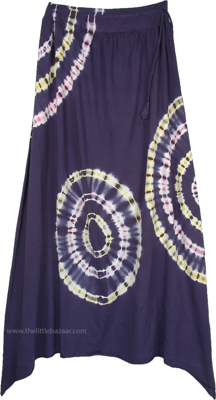 Blue Gypsy Skirt with Circular Tie Dye Effect in White, Pink and Yellow, Berry Blue Maxi Skirt with Concentric Circle Tie Dye Patterns
