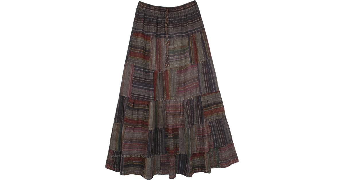 Striped Patchwork Long Skirt in Cotton Seersucker Fabric