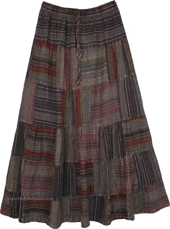 Striped Patchwork Long Skirt in Cotton Seersucker Fabric