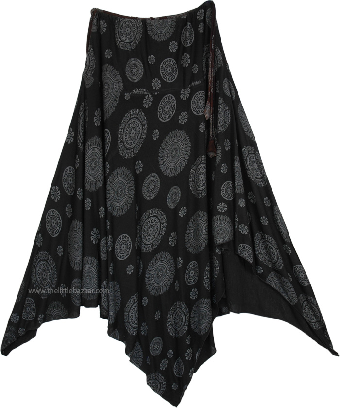 Matt Black Skirt with Circular Geometric Designs, Asymmetrical Hem Mandala Skirt in Jersey Cotton