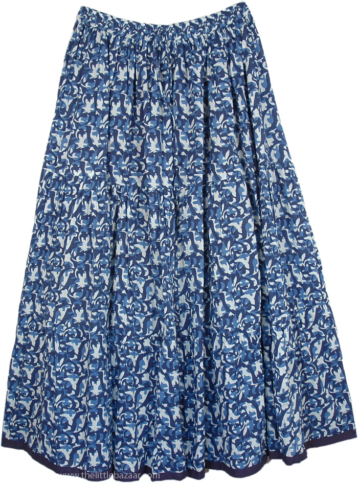 The Blue Pattern Tiered Cotton Skirt, Bunting Blue Pull-On Cotton Summer Skirt