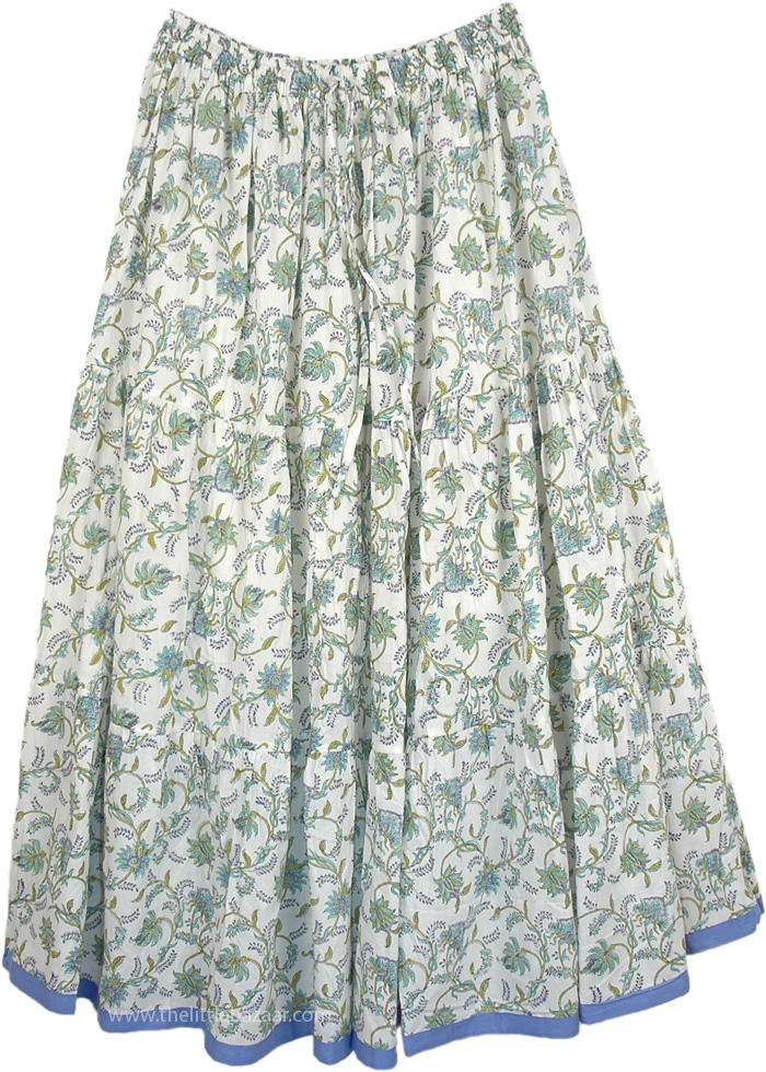Blue Floral Cotton Printed Long Skirt, Hydrangea Blue Cotton Summer Long Skirt