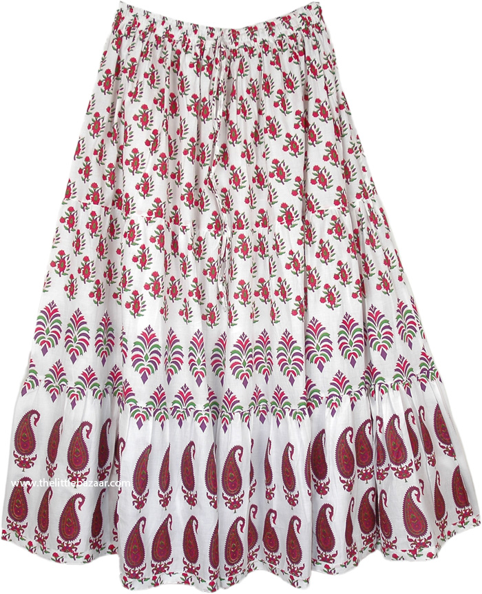 Tiered Long Cotton Skirt in White with Indian Paisley Print, Ethnic White Tiered Cotton Skirt with Paisley and Floral Print