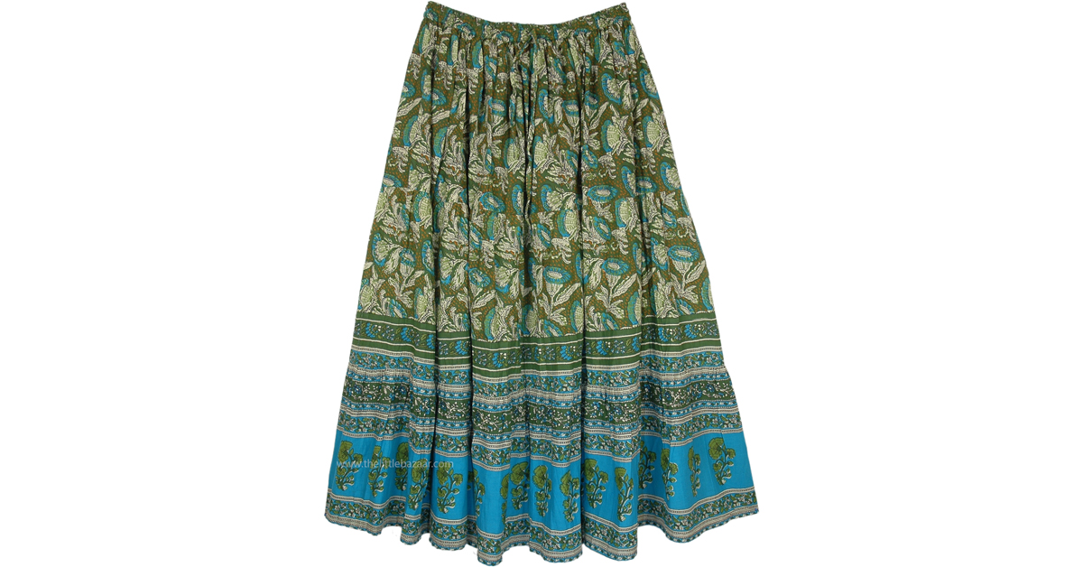 Rafflesia Floral Boho Maxi Skirt in Olive Green and Blue | Green ...