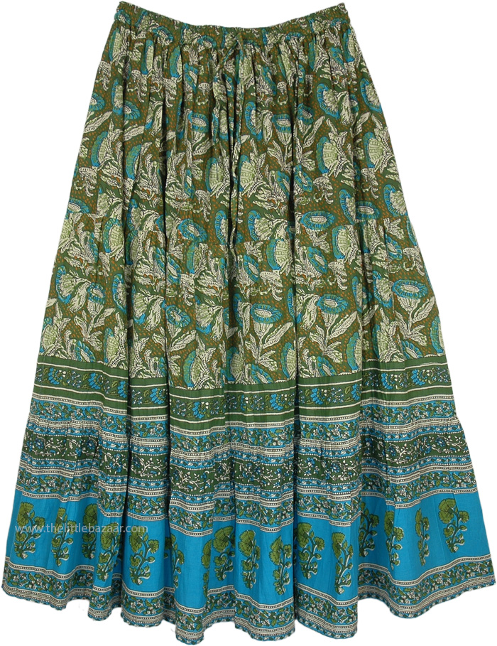 Rafflesia Floral Boho Maxi Skirt in Olive Green and Blue