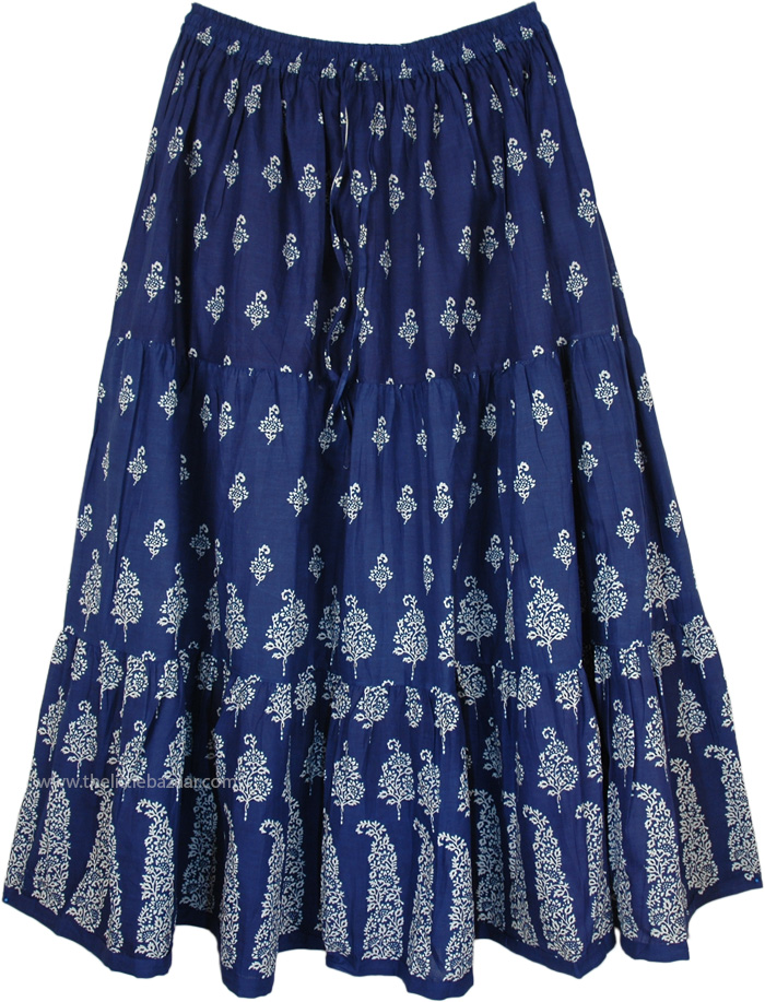 Royal Blue Long Skirt with Paisley Style Floral Design - Clothing ...