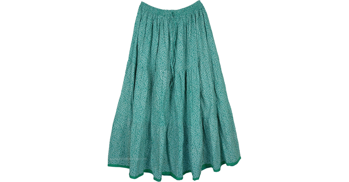 Tiered Green Cotton Summer Long Skirt in a Floral Print | Green | XL ...
