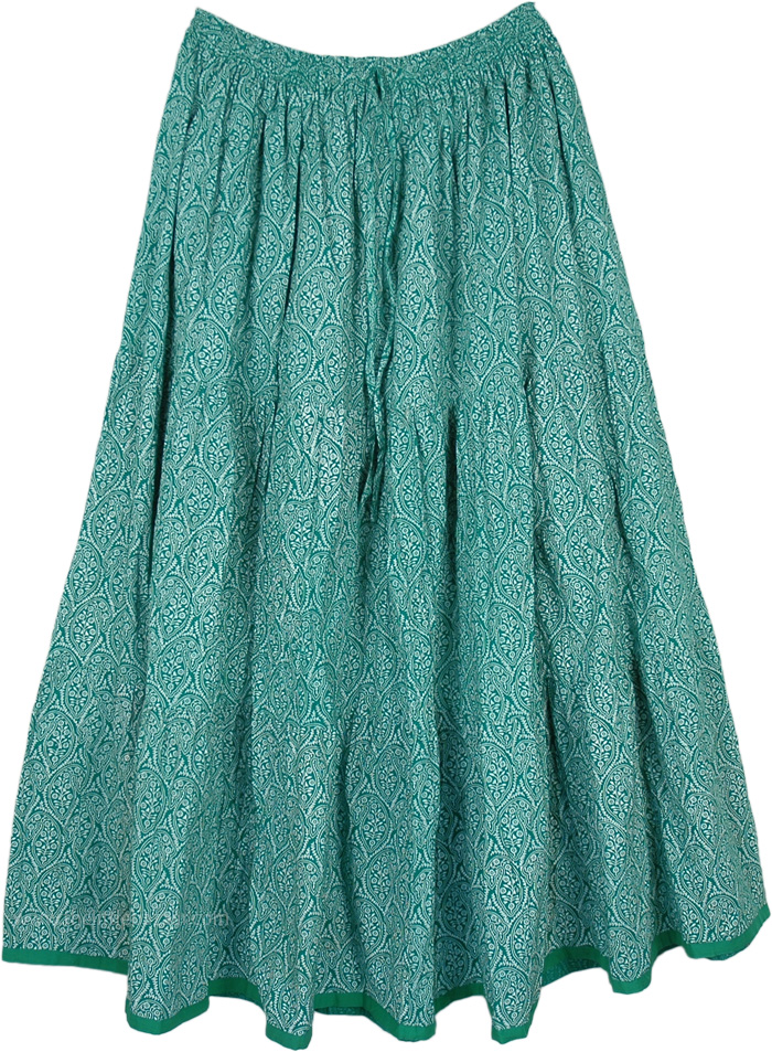 Floral Long Skirt in Sea Green in Indian Cotton Fabric, Tiered Green Cotton Summer Long Skirt in a Floral Print