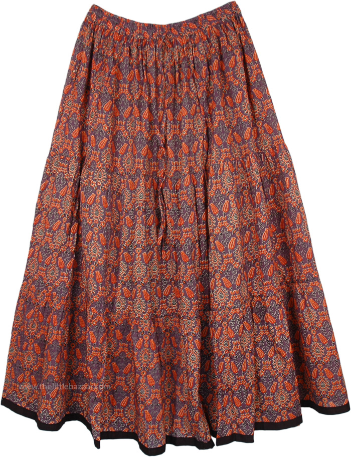 Full Length Printed Cotton Skirt With Gathers, Peasant Style Long Summer Skirt in Cotton Printed 