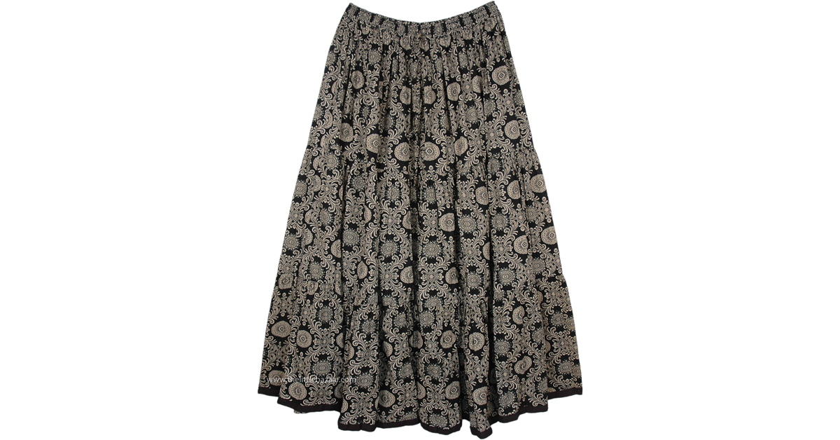 Bohemian Black Cotton Skirt with Intricate Flowery Design | Black ...