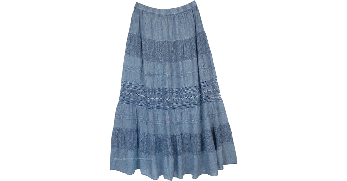 Stonewashed Mist Blue Maxi Boho Skirt | Blue | Crochet-Clothing ...