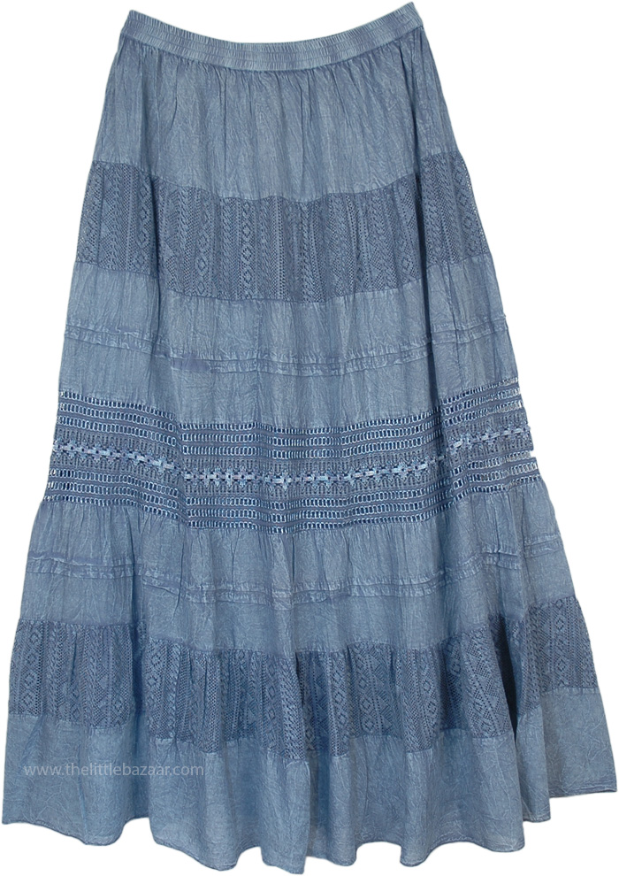 Women's Blue Maxi Skirt Linen Blend Side Split | Ally Fashion