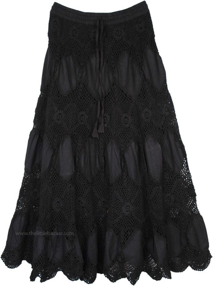 Crochet Style Heavy Metal Black Skirt, Woodsmoke Crochet Maxi Haiti Cotton Skirt