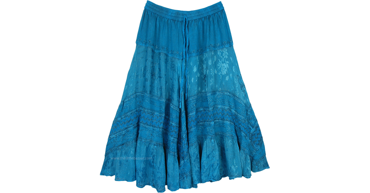 Teal Ribbon Tiered Maxi Skirt with Lace Work | Blue
