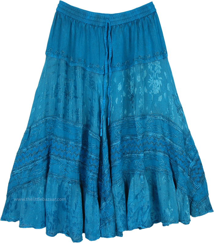 Teal Ribbon Tiered Maxi Skirt with Lace Work | Blue | Junior-Petite