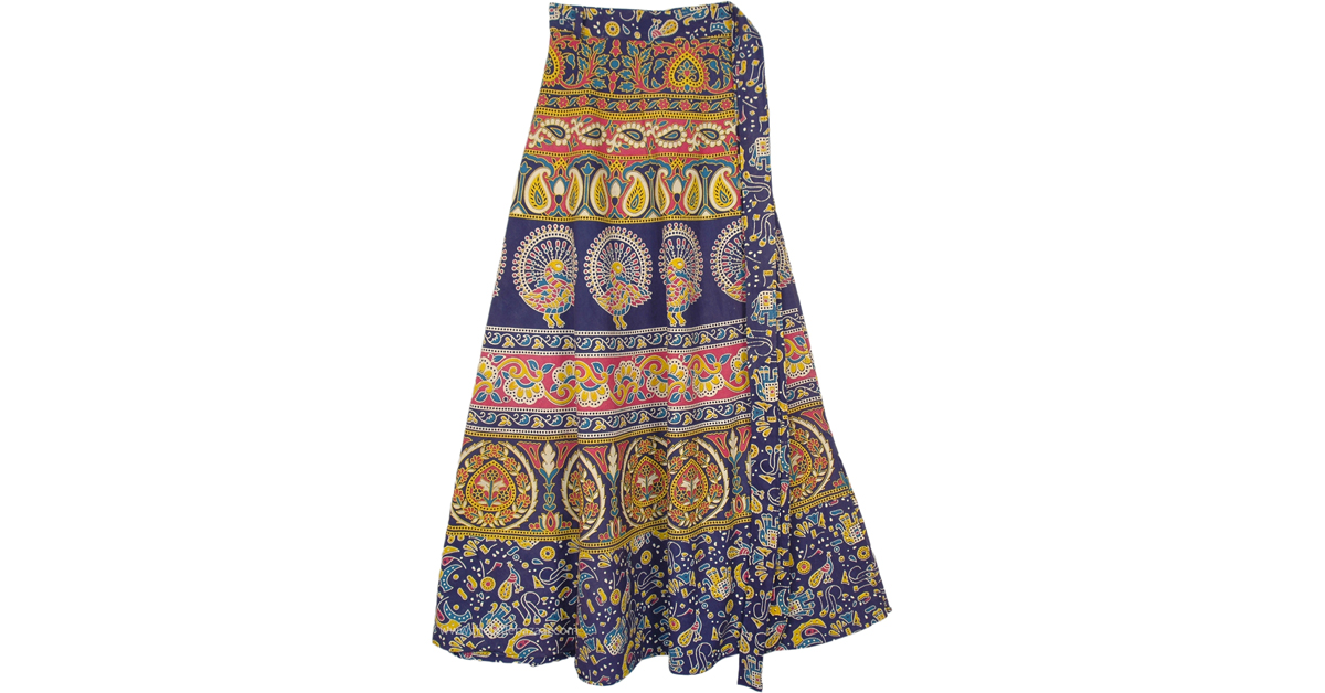 Navy Blue Wrap Skirt with Colorful Peacock Designs