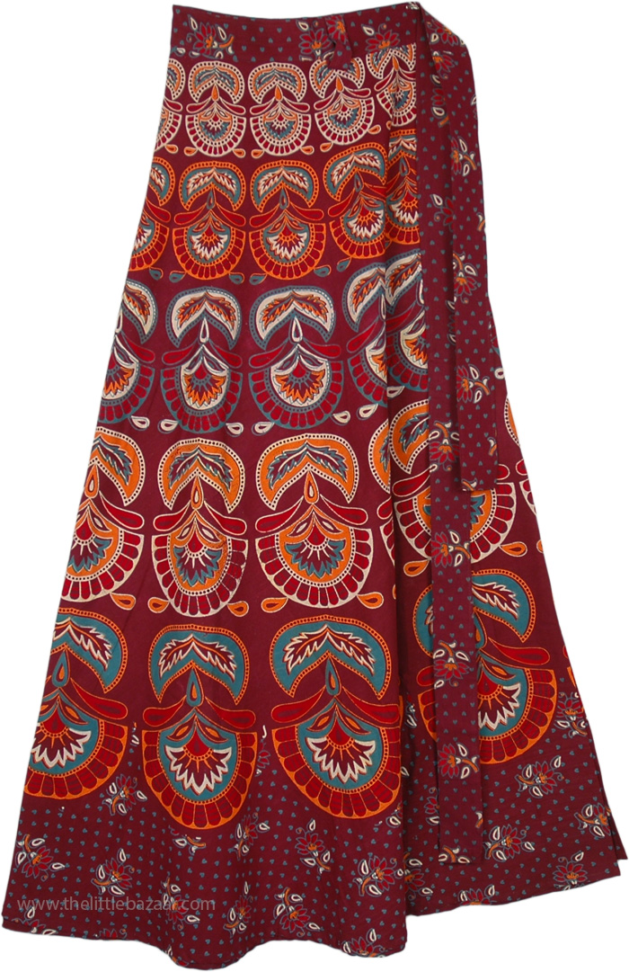 Burgundy Red Block Print Hippie Wrap Skirt, Ethnic Block Print Wrap Skirt in Firebrick Red