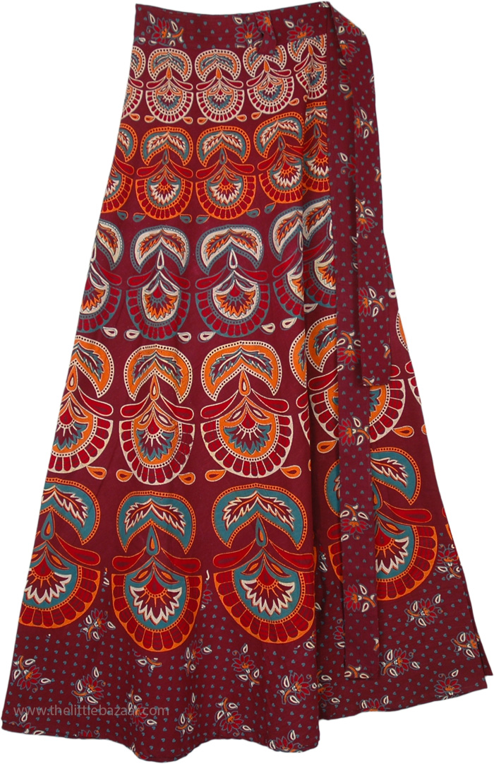 Ethnic Block Print Wrap Skirt in Firebrick Red