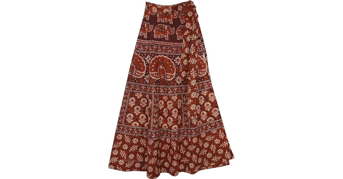 Brown Wrap Skirt with Block Printed Traditional Motifs Brown Wrap