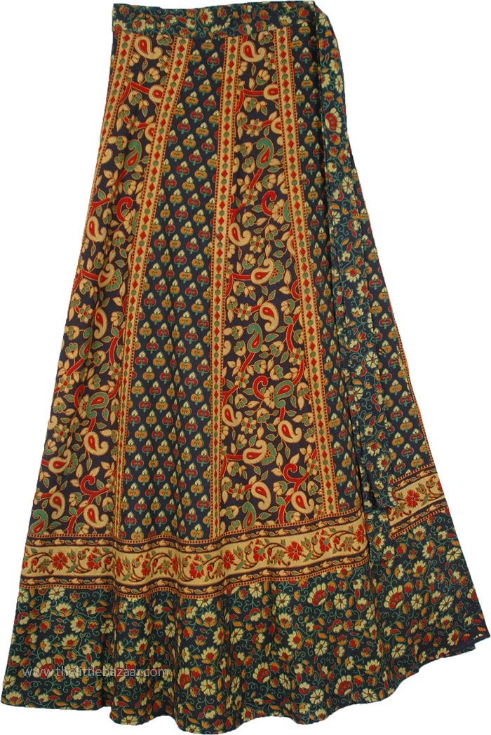 Wrap Skirt in Navy Green with Indian Paisley Designs, Army Green Paisley Floral Wrap Around Skirt