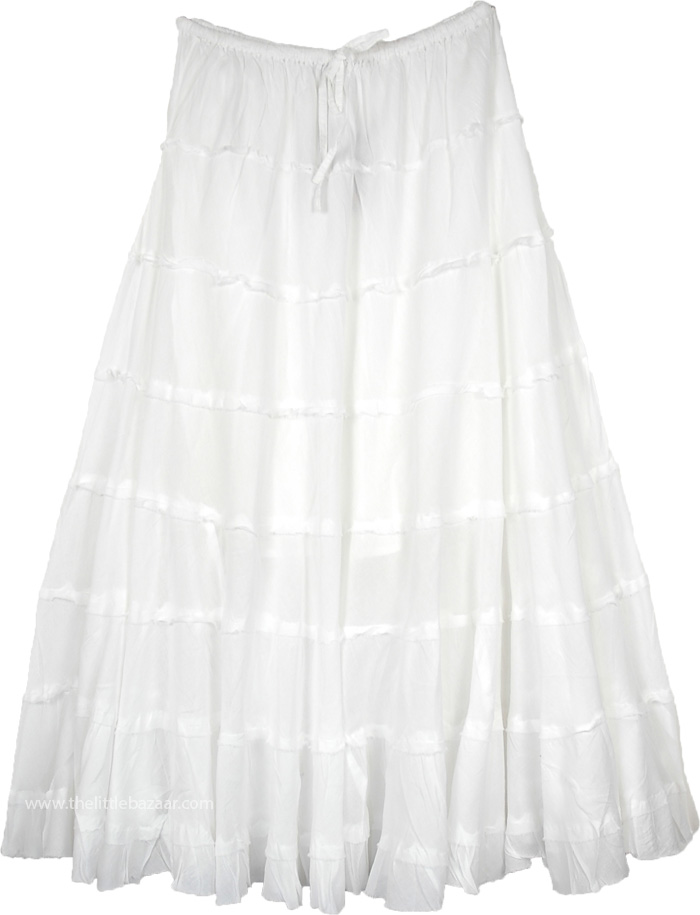 Glacier White Circular Long Cotton Skirt with Tiers