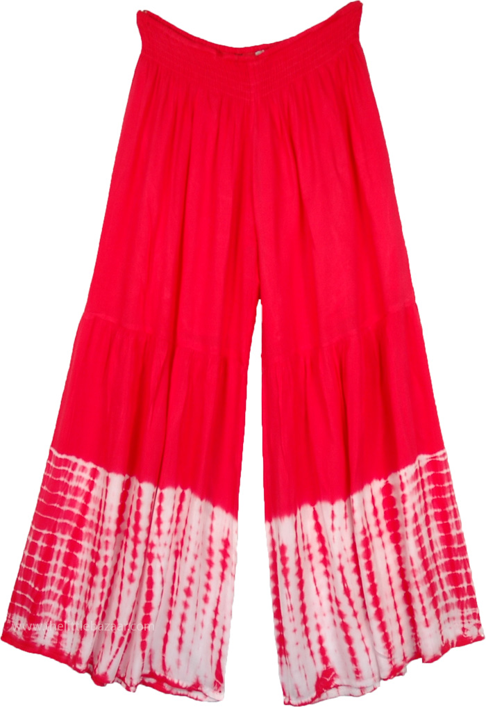 Wide Leg Pants with White Tie Dye Effect, Tomato Red Palazzo Pants with Tie Dye Bottom in XL