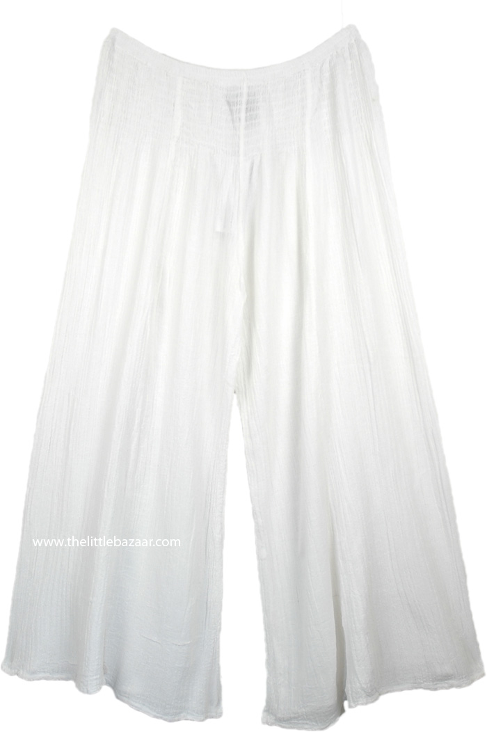 Crinkled Cotton Semi Sheer White Summer Pants