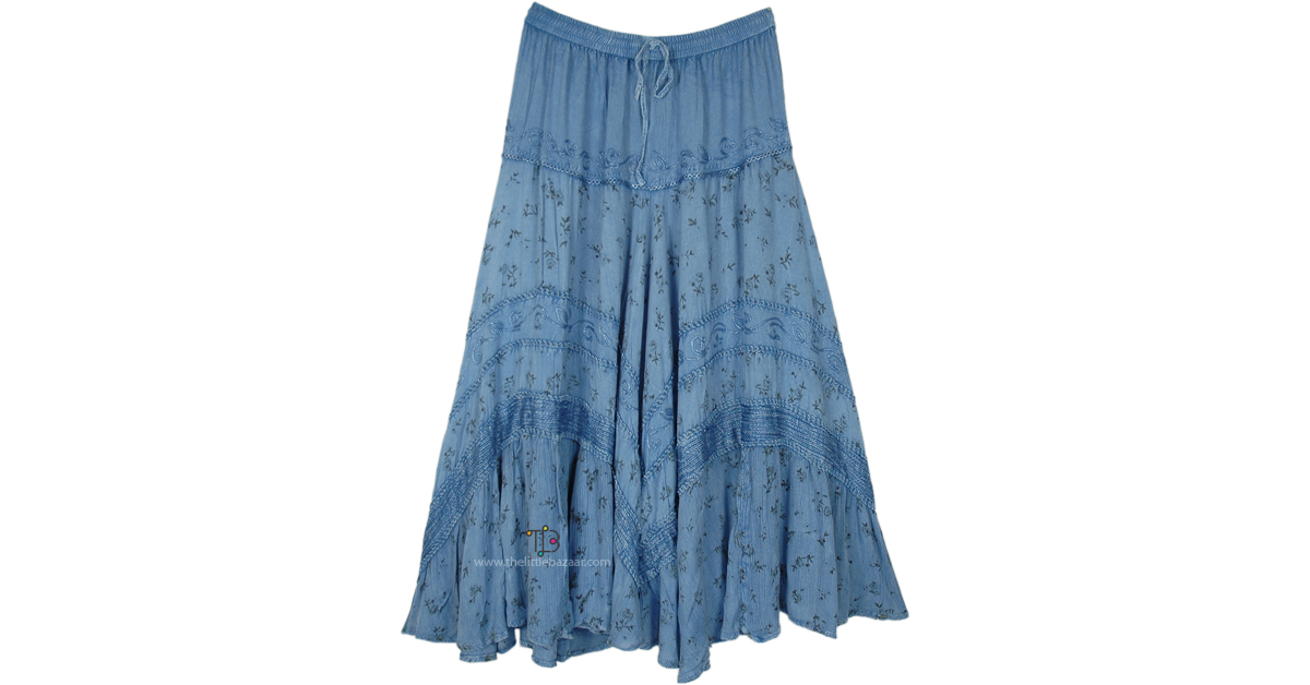 Soft and Flowy Blue Fairy Long Boho Skirt | Blue | XL-Plus, Solid
