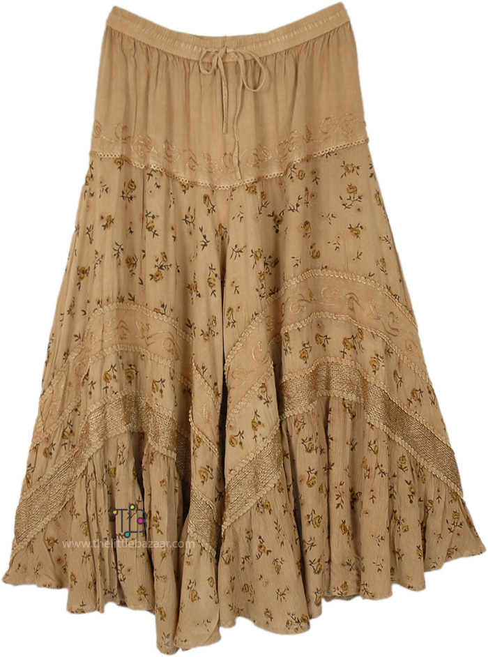 Coffee Cream Soft and Flowy Long Boho Skirt | Brown | XL-Plus, Solid