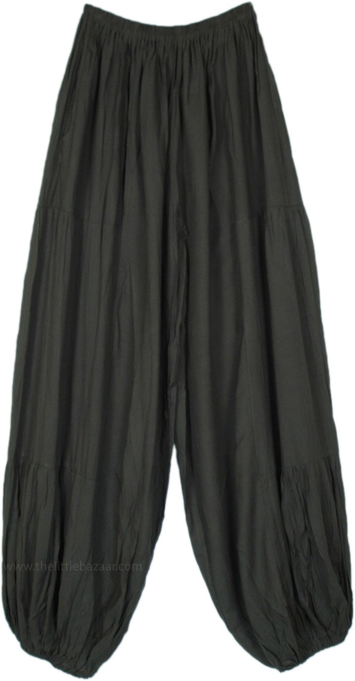 Bohemian Loungewear Rayon Loose Pants with Elastic Waist, Tall Mercury Green Solid Rayon Harem Trousers