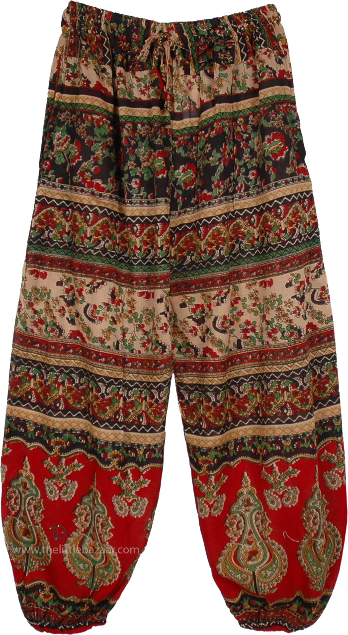 Boho Printed Pants in Red and Beige, Ruby Caravan Printed Harem Pants Pockets