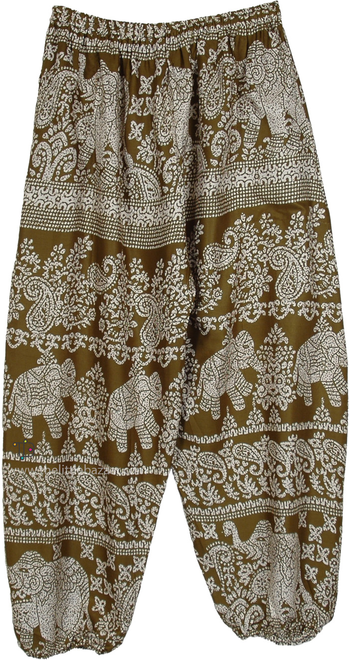 Olive Green Elephant Paisley Boho Harem Pants
