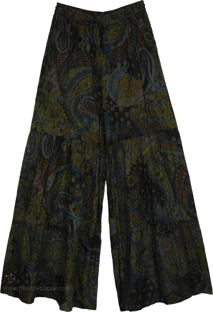 Midnight Paisley Tiered Cotton Palazzo Pants