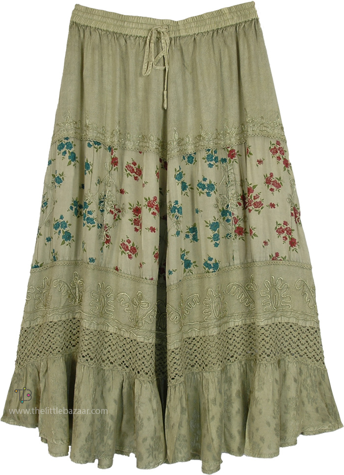 Sage Blossom Multi-Panel Mixed Fabric Maxi Skirt