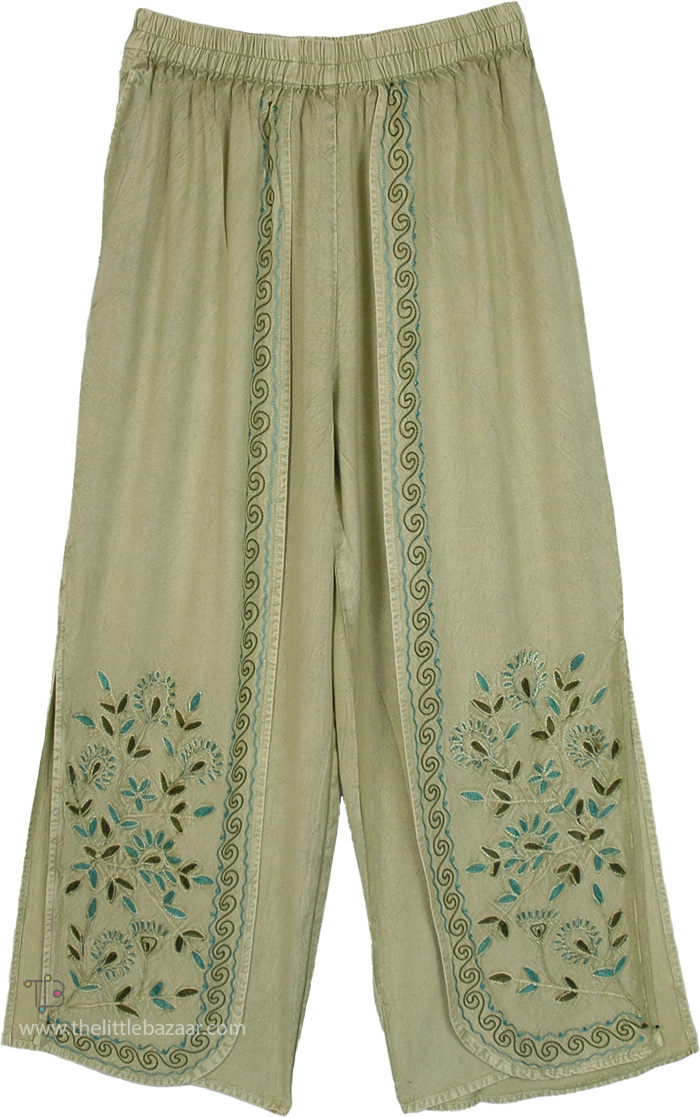 Sage Breeze Embroidered Side Slit Summer Pants