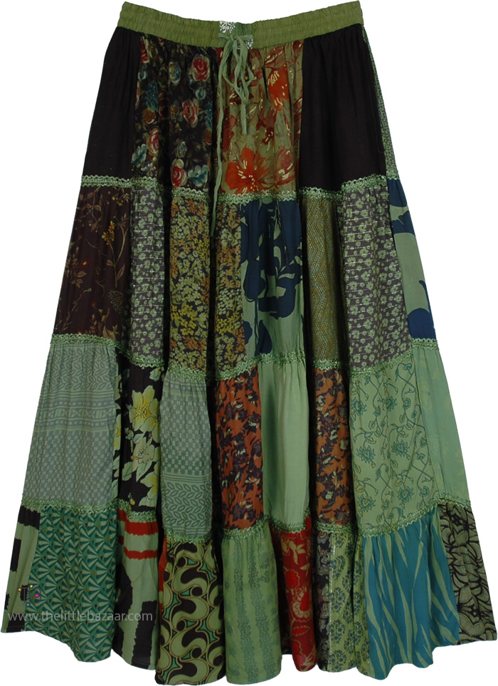 Green Harmony Artisanal Rayon Patchwork Maxi Skirt