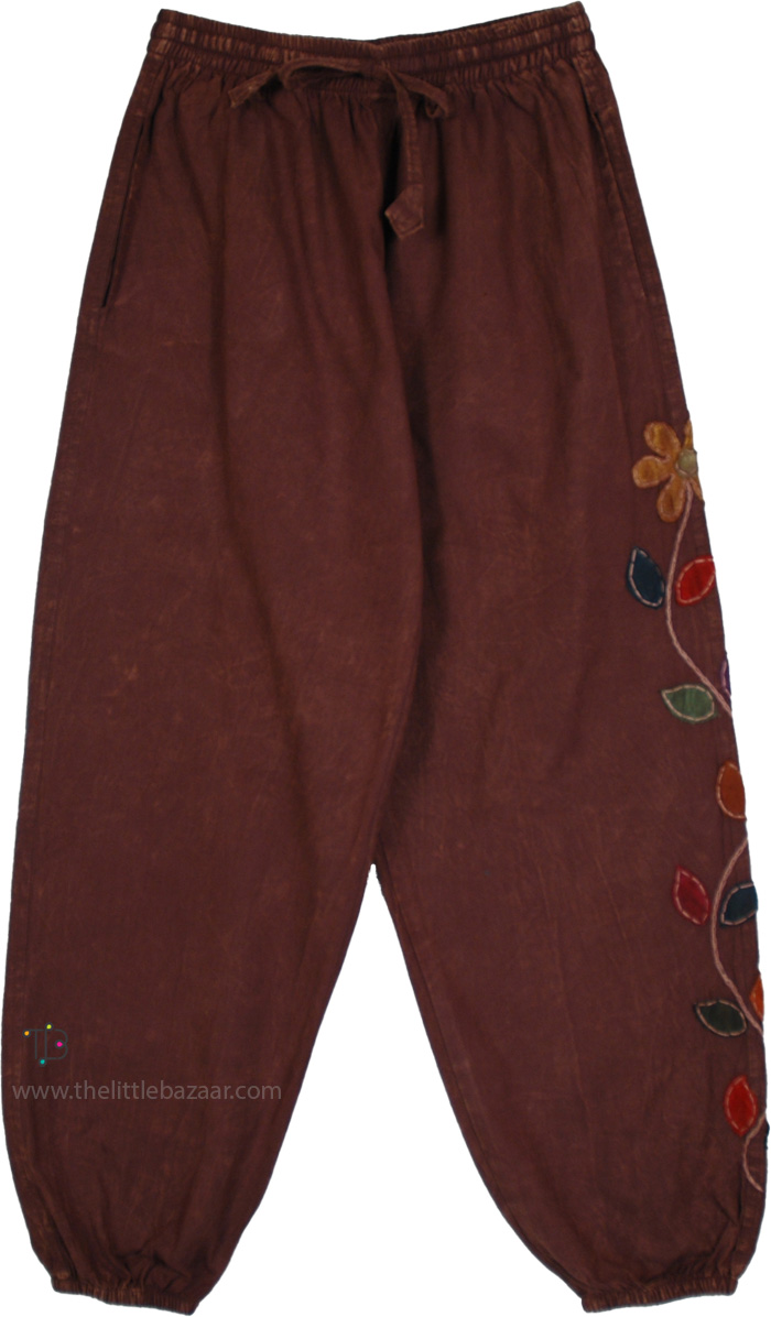 Cocoa Bloom Floral Applique Cotton Harem Pants