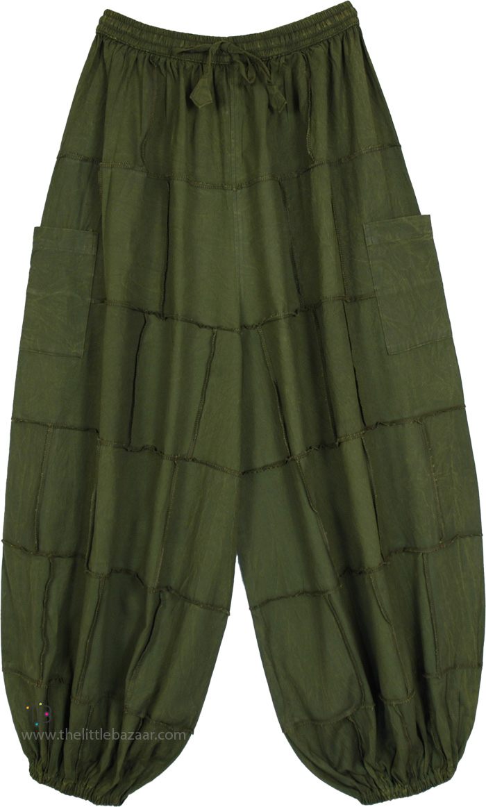 Olive Green Cotton Patchwork Harem Pants