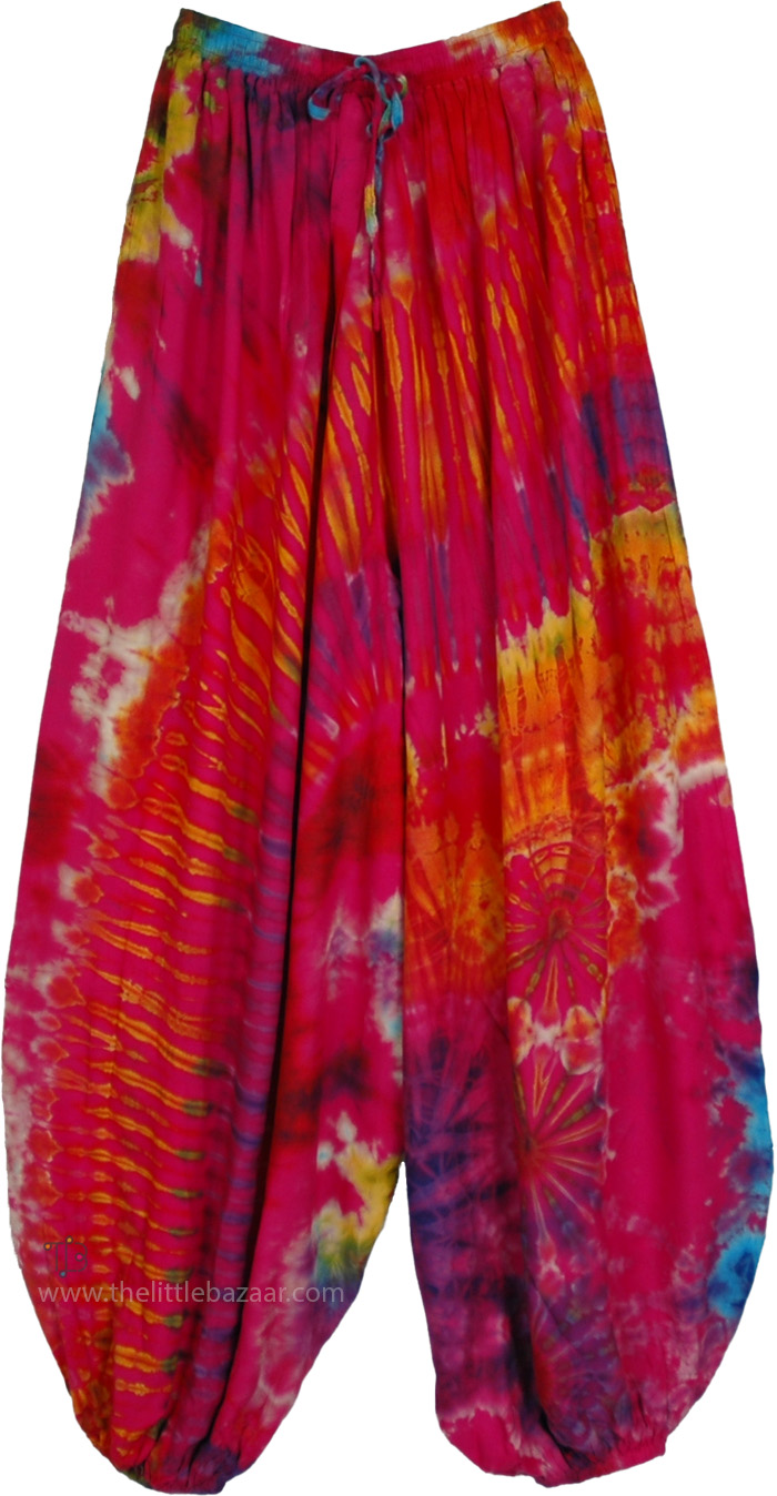 Fuchsia Burst Tie-Dye Flowy Harem Pants