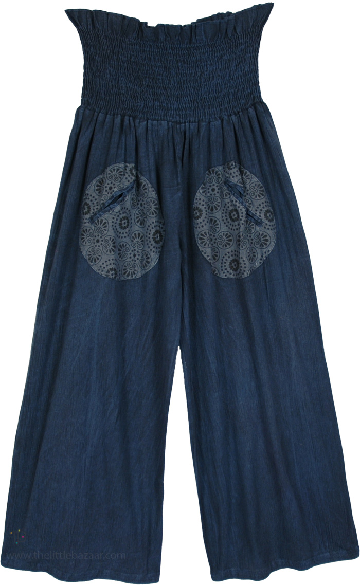 Unique Wide Leg Blue Cotton with Pockets, Wise Blue Wide Leg Pants with Smocked Waist