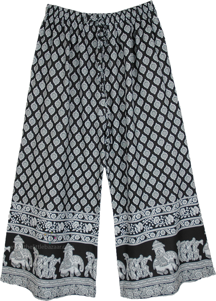 Onyx Meadow Wide-Leg Cotton Trousers, Elephant Caravan Midnight Boho Pants