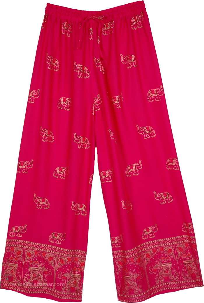 Wide Leg Light Lounge Pants in Fuchsia and Gold