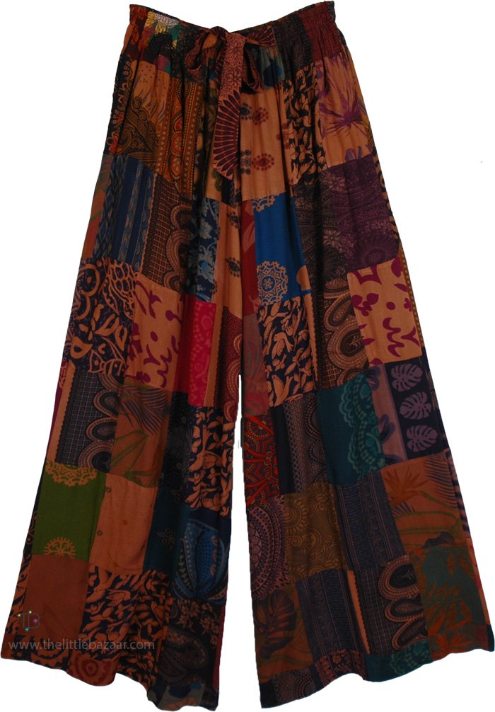 Rust Earth Tone Patchwork Wide Leg Pants