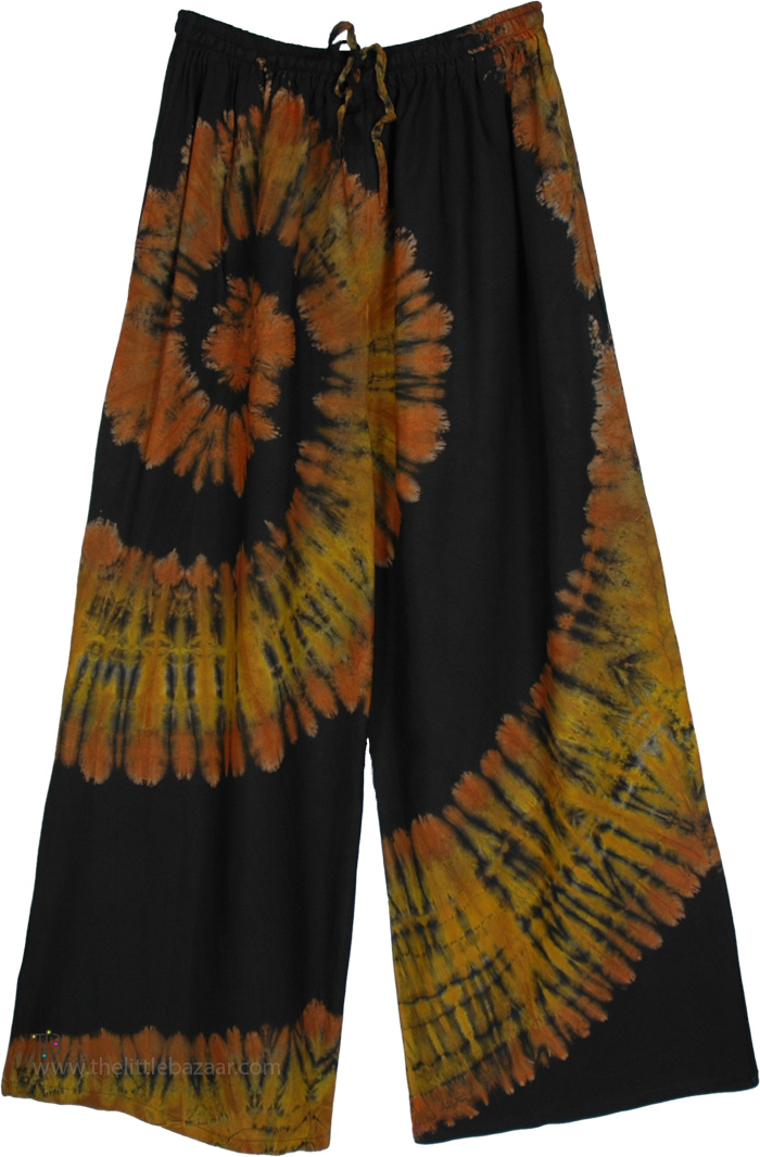 Burnt Orange Rayon Hippie Summer Pants with Tie Dye Pattern, Solar Flares Tie Dye Swirly Pattern Flow Pants
