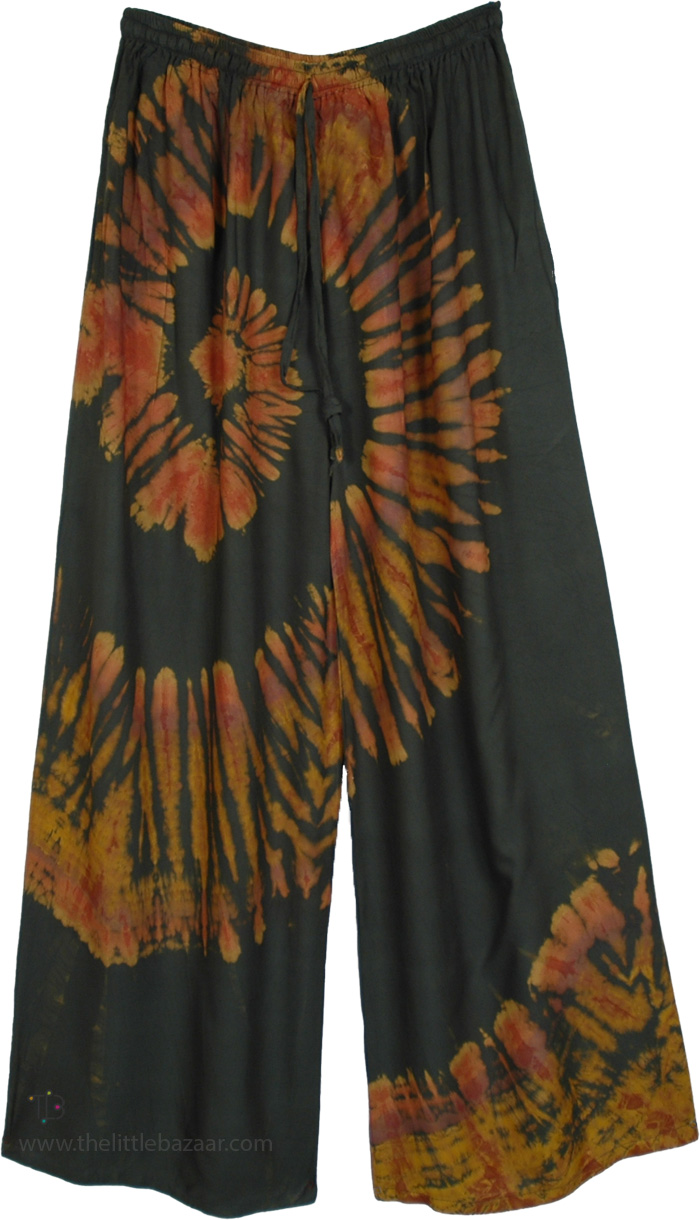 Forest-Green Sunburst Rayon Hippie Summer Pants, Deciduous Green Hand Tie Dyed Flowy Pants