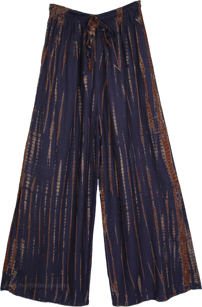 Dark Blue Hippie Tie Dye Pants with Drawstring, Hipster Navy Blue Tie Dye Side Slit Pants